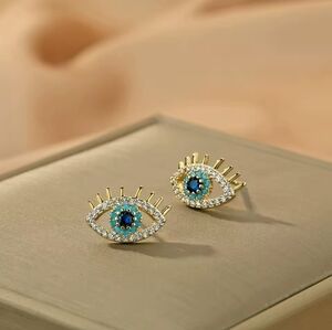 Gold and Blue Eye Stud Earrings